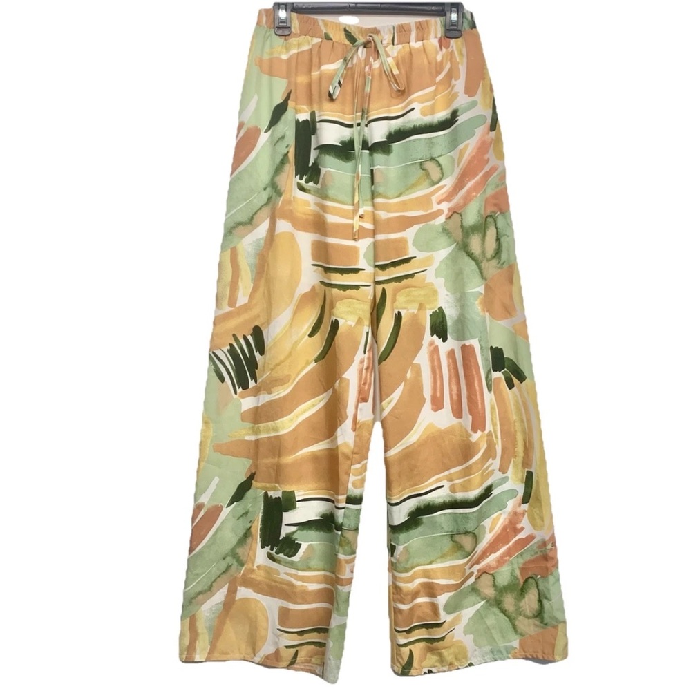Vintage Inspired Flowy Wide Leg Watercolor Print Pants Shades Orange, Tan, Green